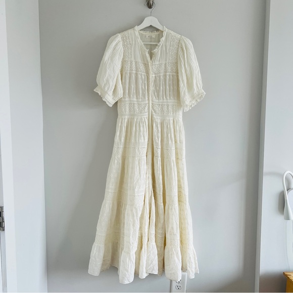 Sold Doen Rolande Tiered Embroidered Organic Cotton-Voile Midi Dress in Salt - Picture 2 of 8
